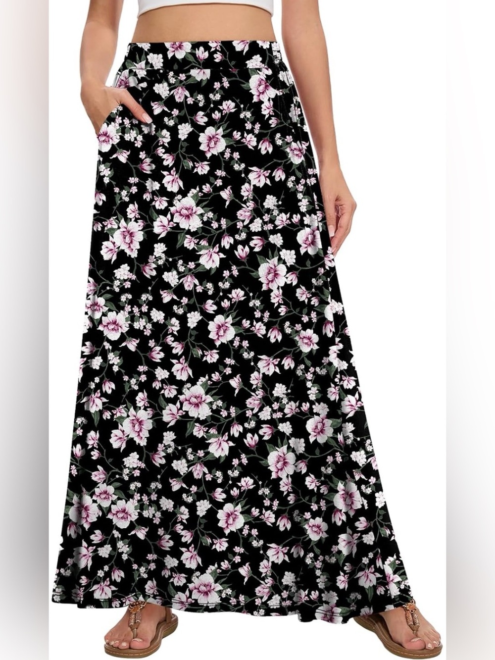 Black Floral Maxi Skirt with Pockets - Unbranded